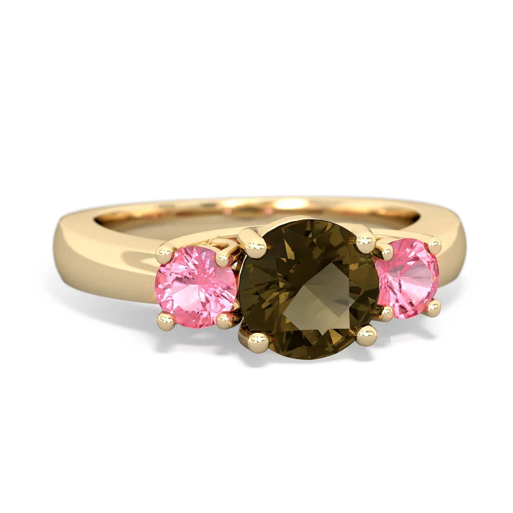 Smoky Quartz Three Stone Round Trellis 14K Yellow Gold ring R4018