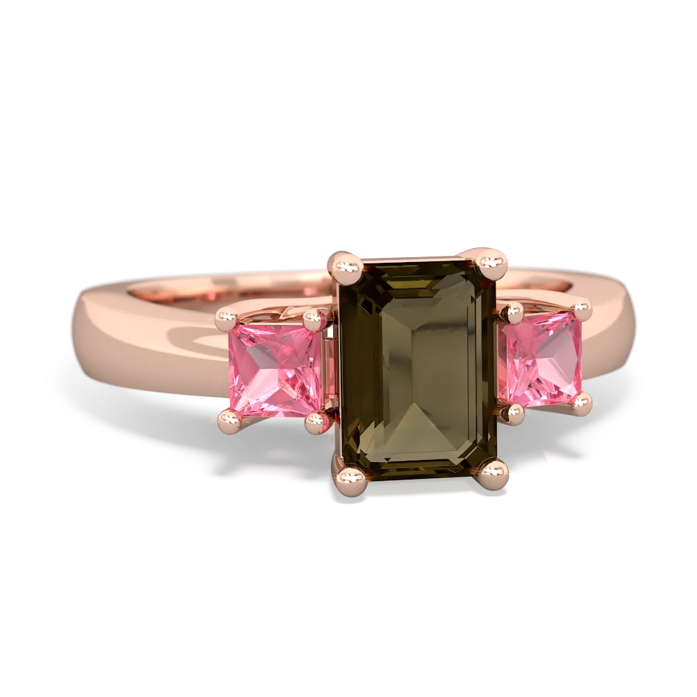 Smoky Quartz Three Stone Emerald-Cut Trellis 14K Rose Gold ring R4021