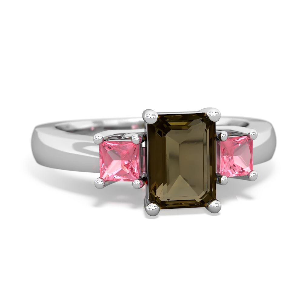 Smoky Quartz Three Stone Emerald-Cut Trellis 14K White Gold ring R4021