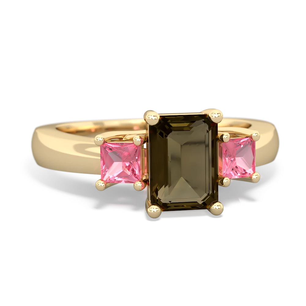 Smoky Quartz Three Stone Emerald-Cut Trellis 14K Yellow Gold ring R4021