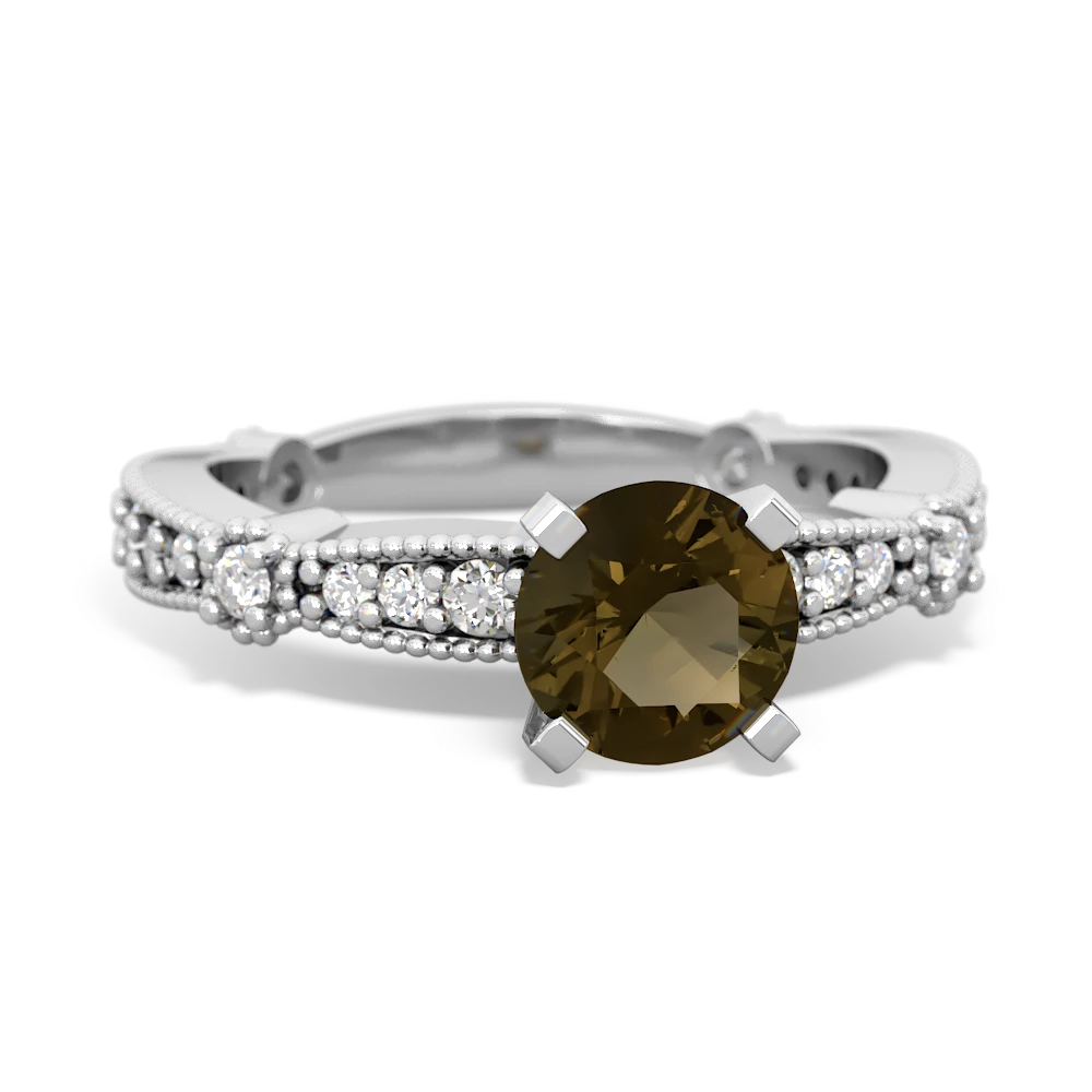 Smoky Quartz Sparkling Tiara 6Mm Round 14K White Gold ring R26296RD