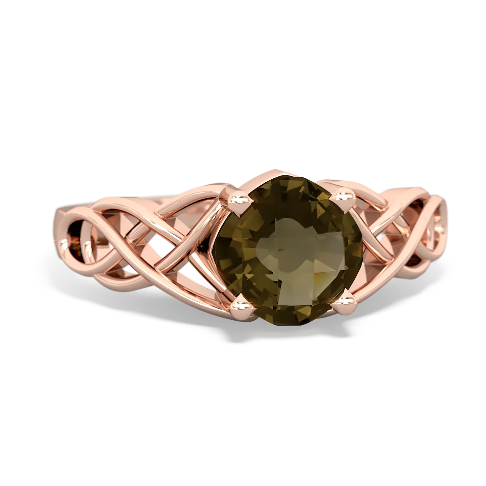 Smoky Quartz Checkerboard Cushion Celtic Knot 14K Rose Gold ring R5000