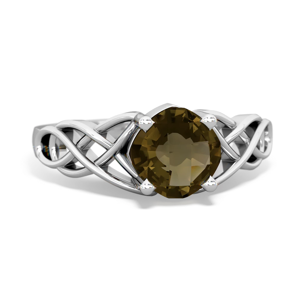 Smoky Quartz Checkerboard Cushion Celtic Knot 14K White Gold ring R5000