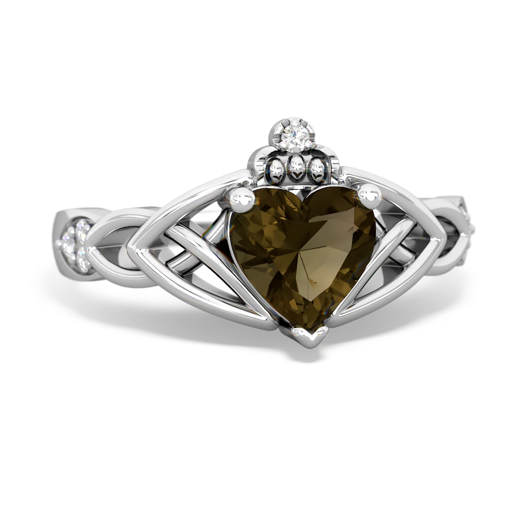 Smoky Quartz Claddagh Celtic Knot Diamond 14K White Gold ring R5001