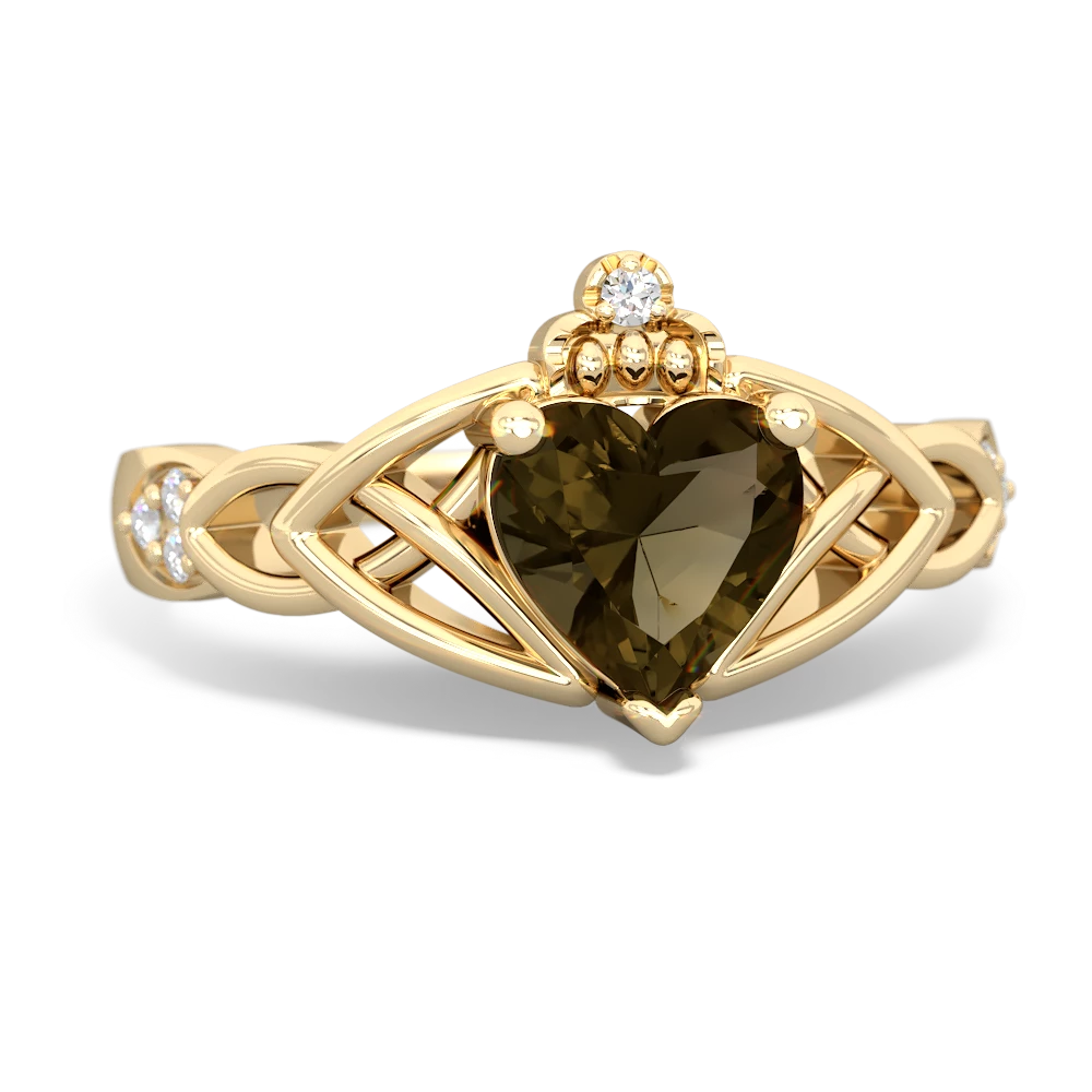 Smoky Quartz Claddagh Celtic Knot Diamond 14K Yellow Gold ring R5001