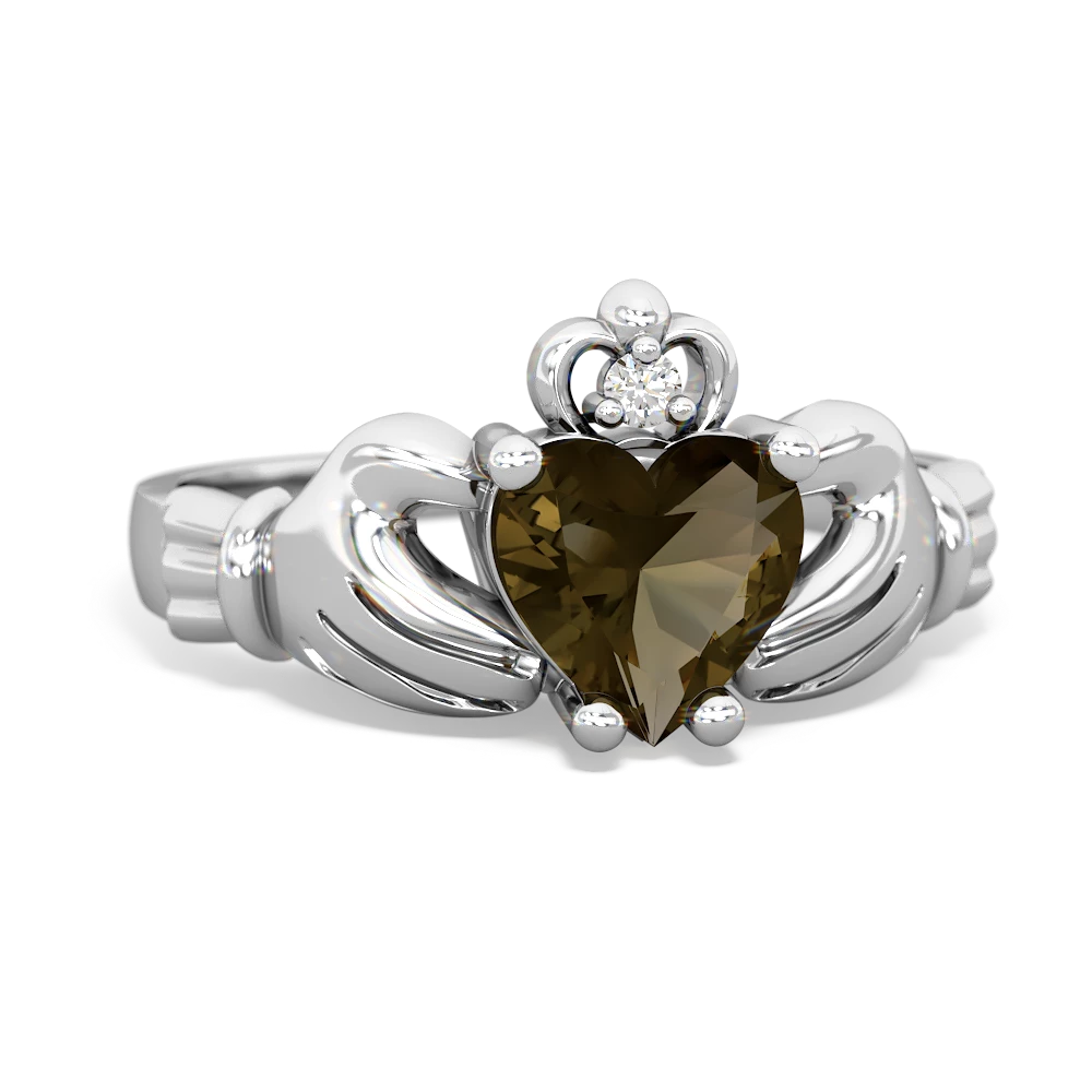 Smoky Quartz Claddagh Diamond Crown 14K White Gold ring R2372