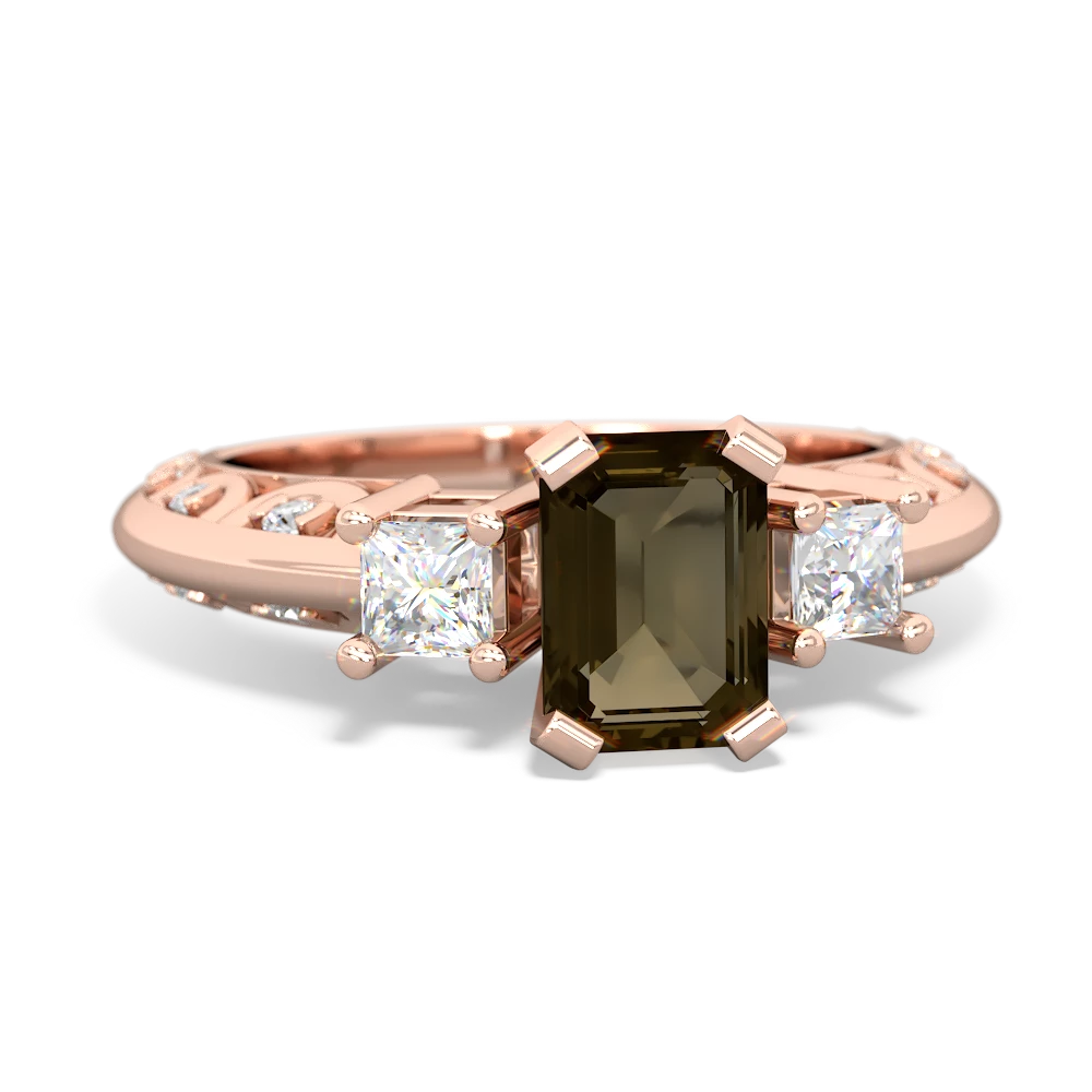Smoky Quartz Art Deco Diamond 7X5 Emerald-Cut Engagement 14K Rose Gold ring R20017EM