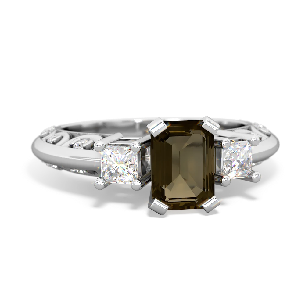 Smoky Quartz Art Deco Diamond 7X5 Emerald-Cut Engagement 14K White Gold ring R20017EM