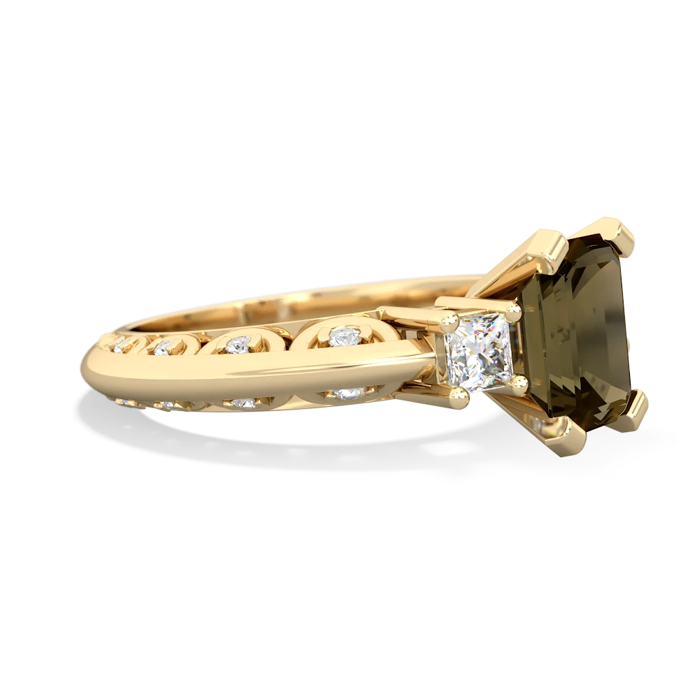 Smoky Quartz Art Deco Diamond 8X6 Emerald-Cut Engagement 14K Yellow Gold ring R20018EM