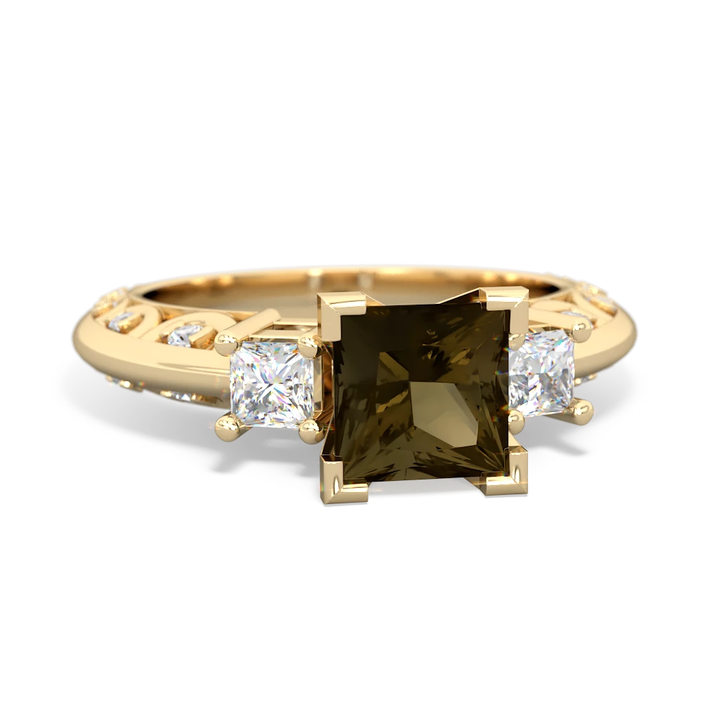 Smoky Quartz Art Deco Diamond Engagement 6Mm Princess 14K Yellow Gold ring R2001