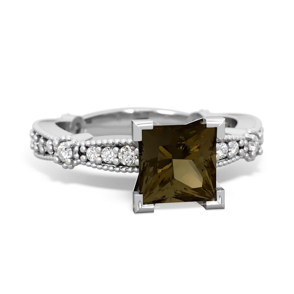 Smoky Quartz Sparkling Tiara 6Mm Princess 14K White Gold ring R26296SQ