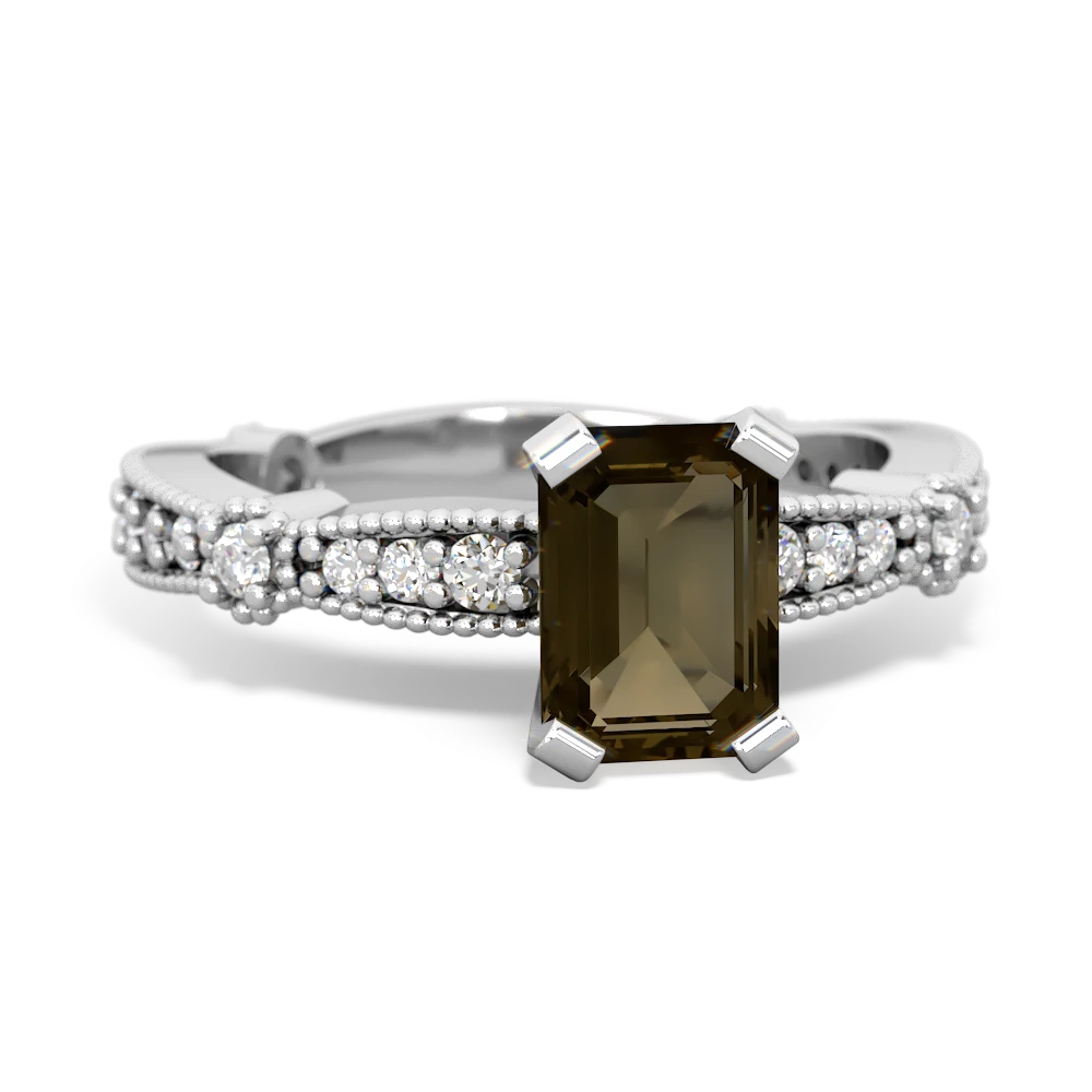Smoky Quartz Sparkling Tiara 7X5mm Emerald-Cut 14K White Gold ring R26297EM