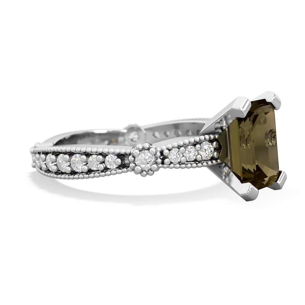 Smoky Quartz Sparkling Tiara 8X6 Emerald-Cut 14K White Gold ring R26298EM