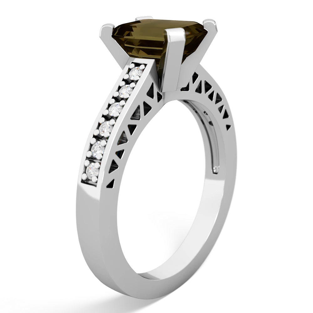 Smoky Quartz Art Deco Engagement 8X6mm Emerald-Cut 14K White Gold ring R26358EM