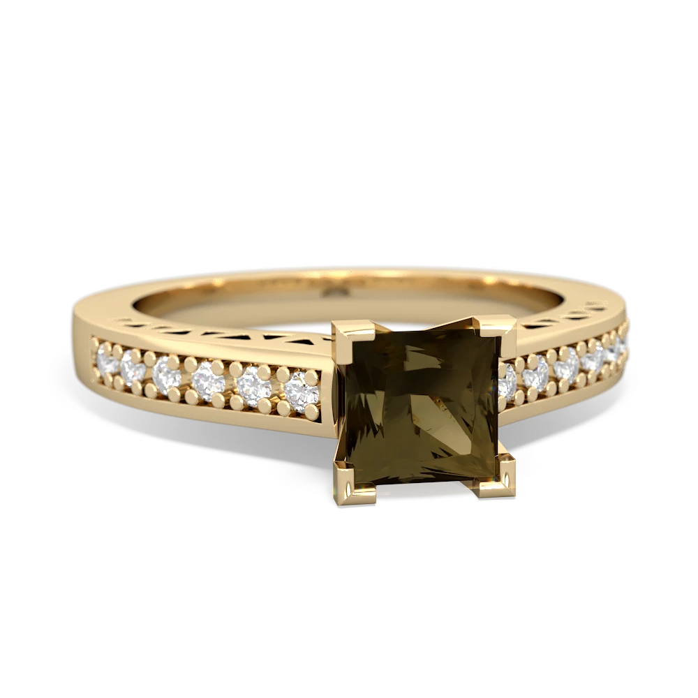 Smoky Quartz Art Deco Engagement 5Mm Square 14K Yellow Gold ring R26355SQ
