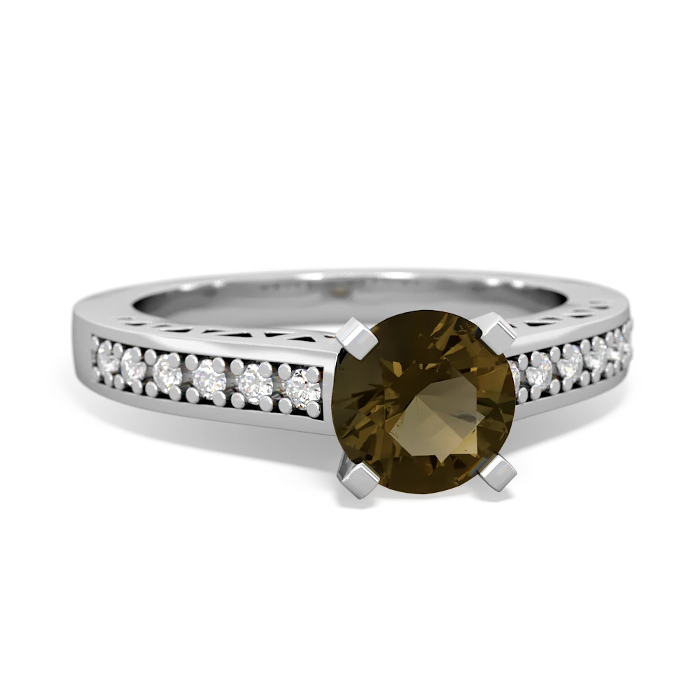 Smoky Quartz Art Deco Engagement 6Mm Round 14K White Gold ring R26356RD