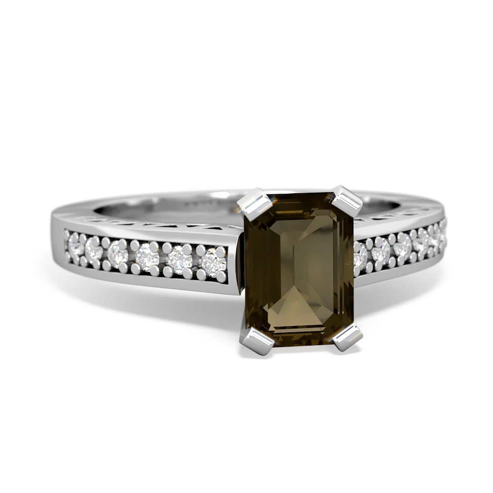 Smoky Quartz Art Deco Engagement 7X5mm Emerald-Cut 14K White Gold ring R26357EM