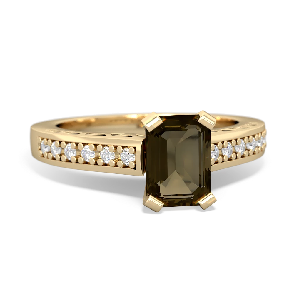 Smoky Quartz Art Deco Engagement 7X5mm Emerald-Cut 14K Yellow Gold ring R26357EM