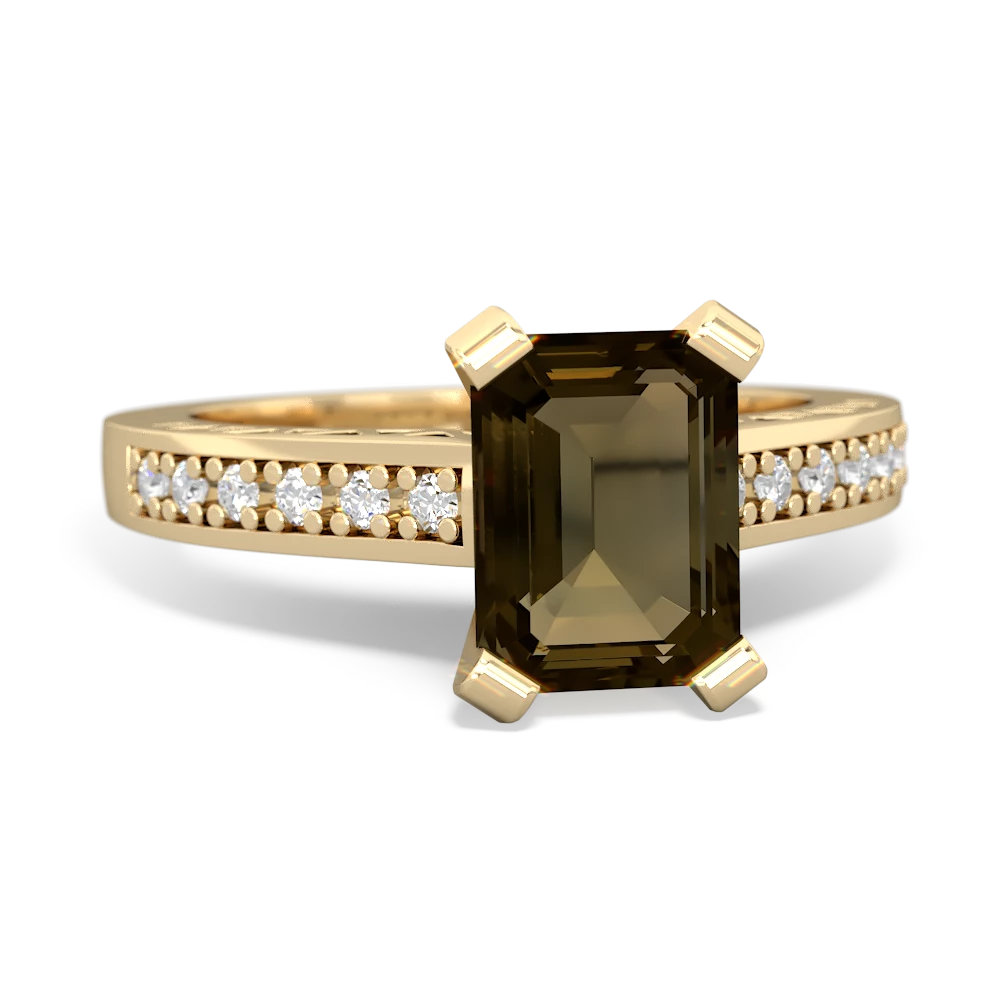 Smoky Quartz Art Deco Engagement 8X6mm Emerald-Cut 14K Yellow Gold ring R26358EM