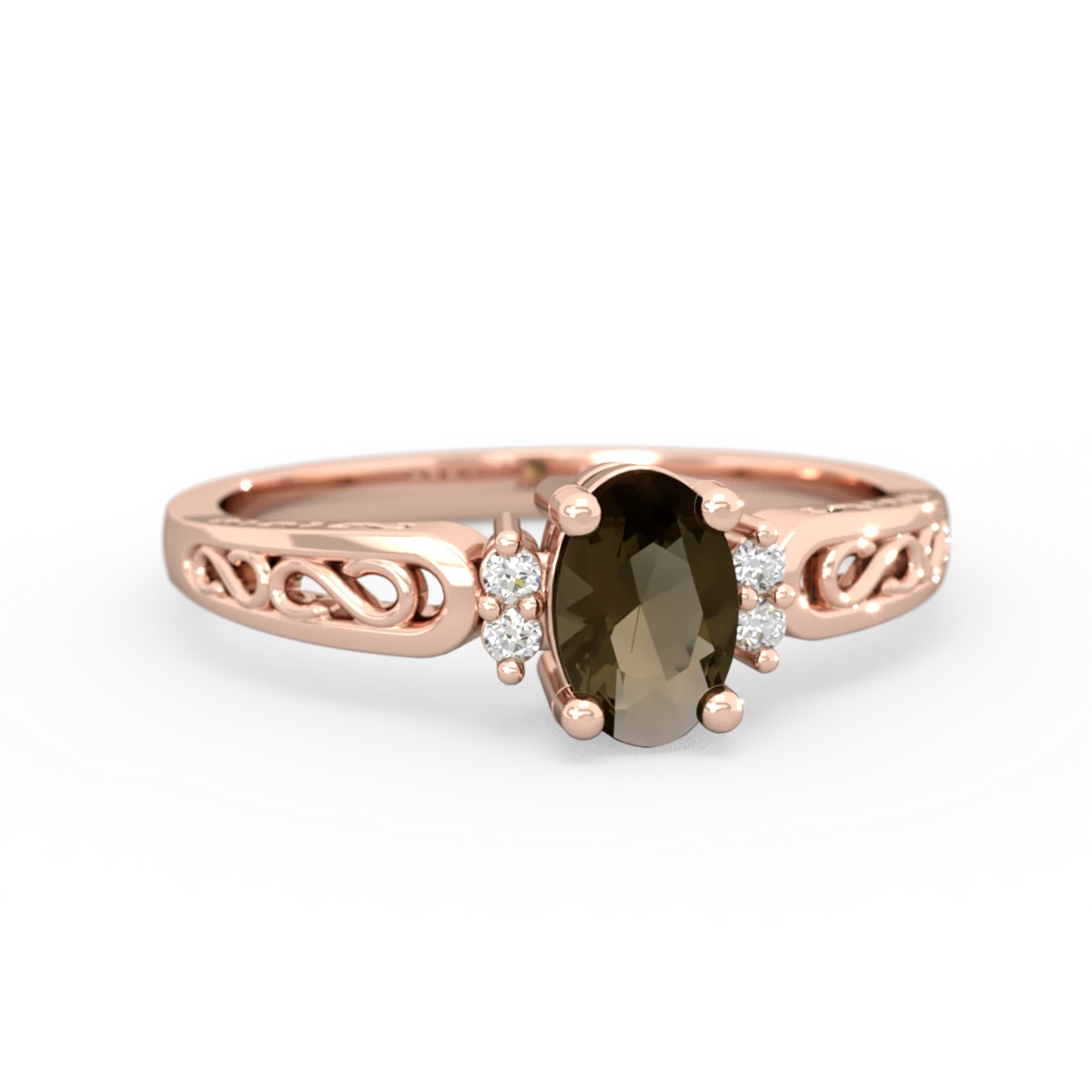 Smoky Quartz Filligree Scroll Oval 14K Rose Gold ring R0812