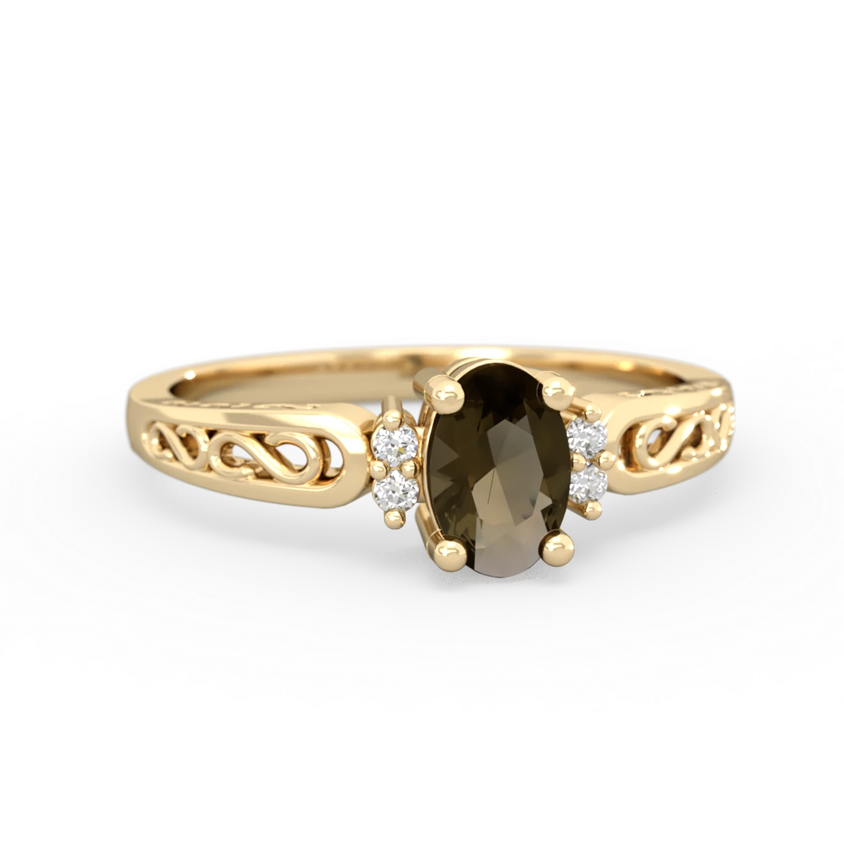 Smoky Quartz Filligree Scroll Oval 14K Yellow Gold ring R0812