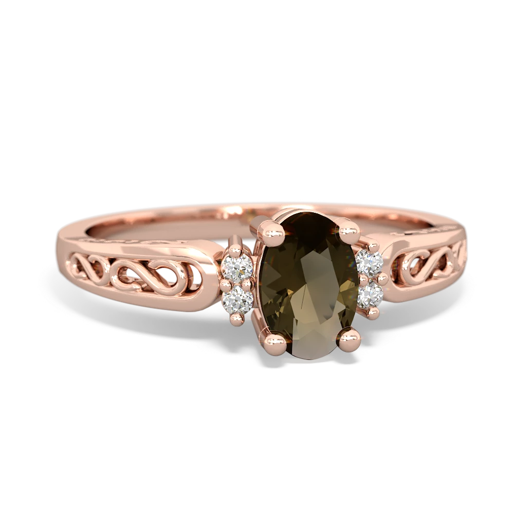 Smoky Quartz Filligree Scroll Oval 14K Rose Gold ring R0812