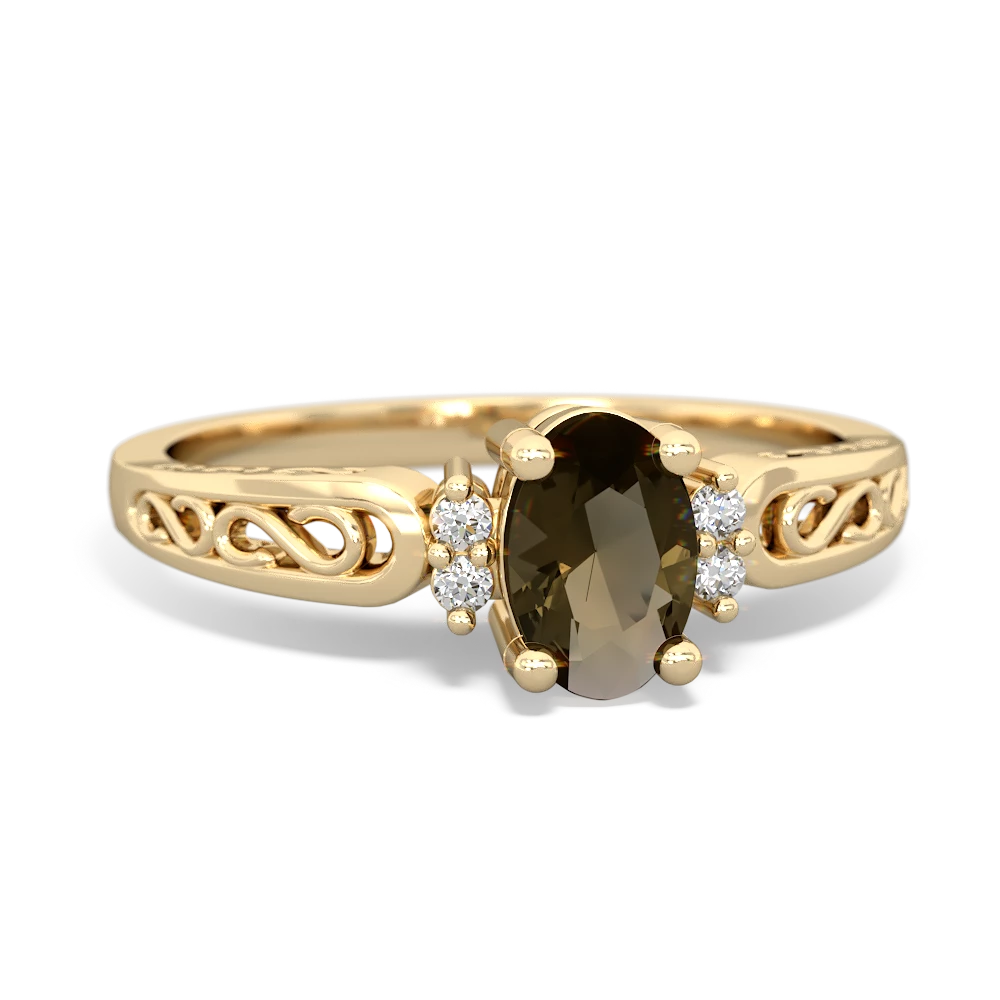 Smoky Quartz Filligree Scroll Oval 14K Yellow Gold ring R0812