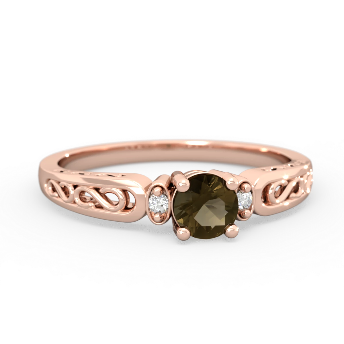 Smoky Quartz Filligree Scroll Round 14K Rose Gold ring R0829