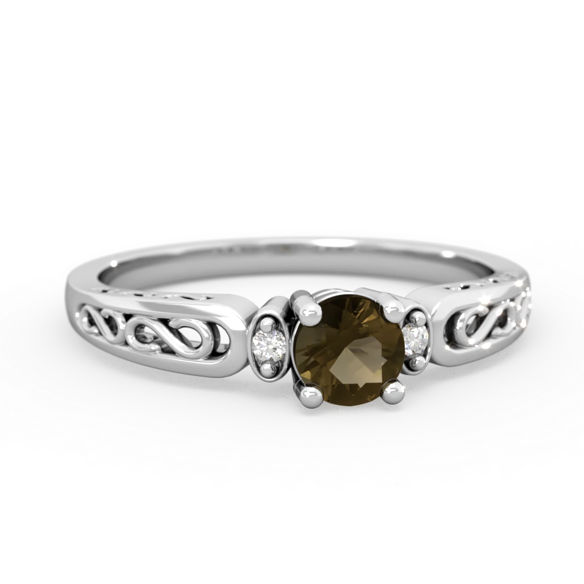 Smoky Quartz Filligree Scroll Round 14K White Gold ring R0829