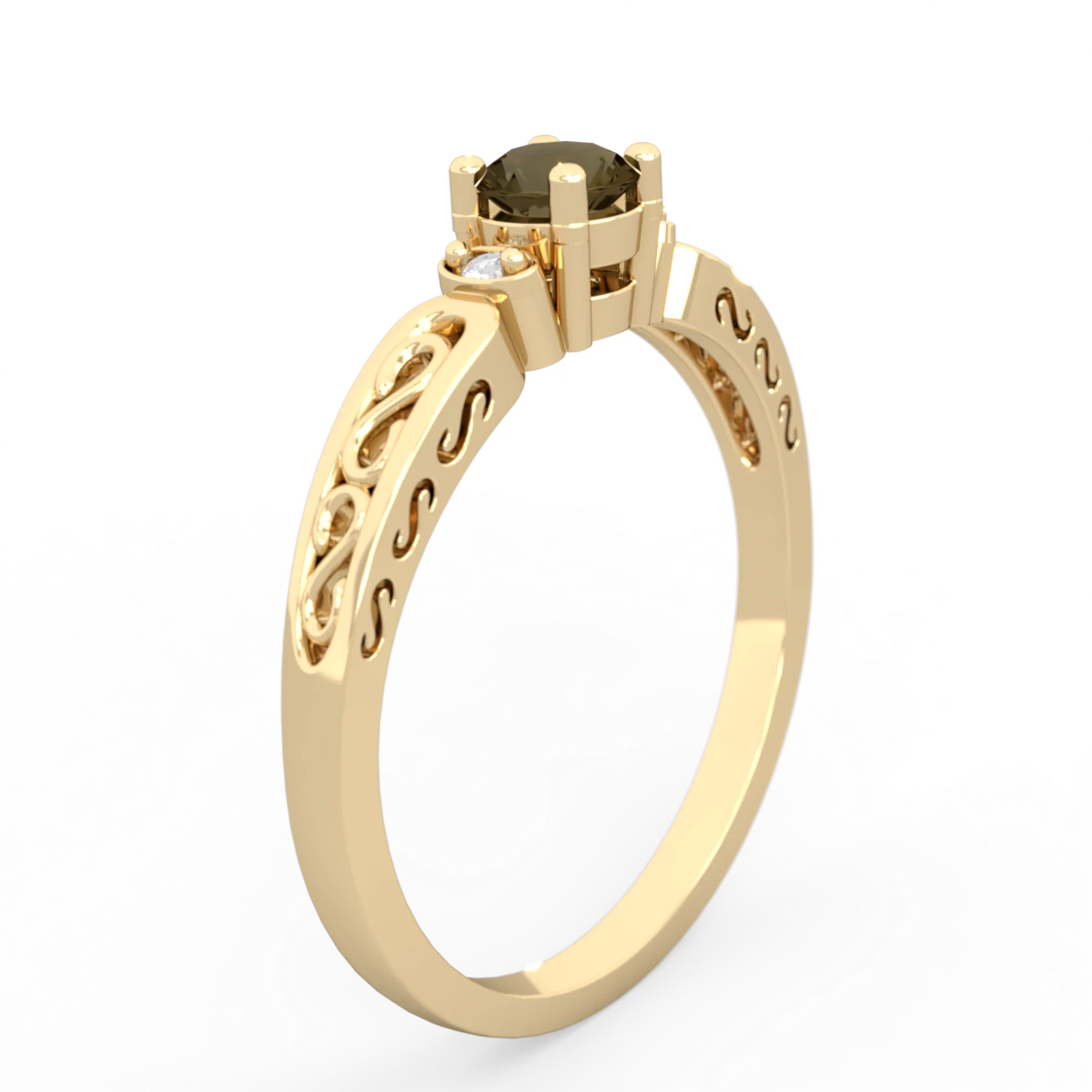 Smoky Quartz Filligree Scroll Round 14K Yellow Gold ring R0829