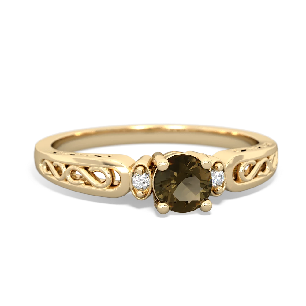 Smoky Quartz Filligree Scroll Round 14K Yellow Gold ring R0829