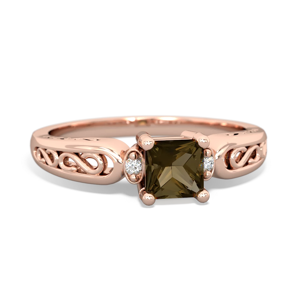 Smoky Quartz Filligree Scroll Square 14K Rose Gold ring R2430