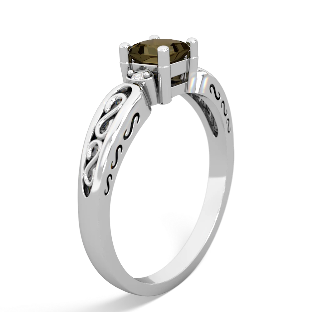 Smoky Quartz Filligree Scroll Square 14K White Gold ring R2430