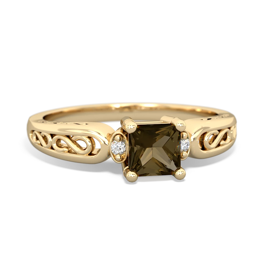 Smoky Quartz Filligree Scroll Square 14K Yellow Gold ring R2430