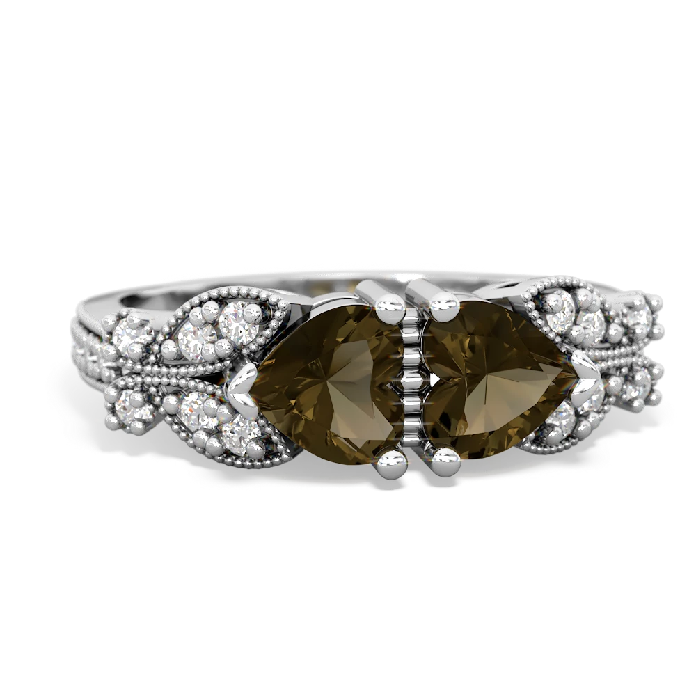 Smoky Quartz Diamond Butterflies 14K White Gold ring R5601