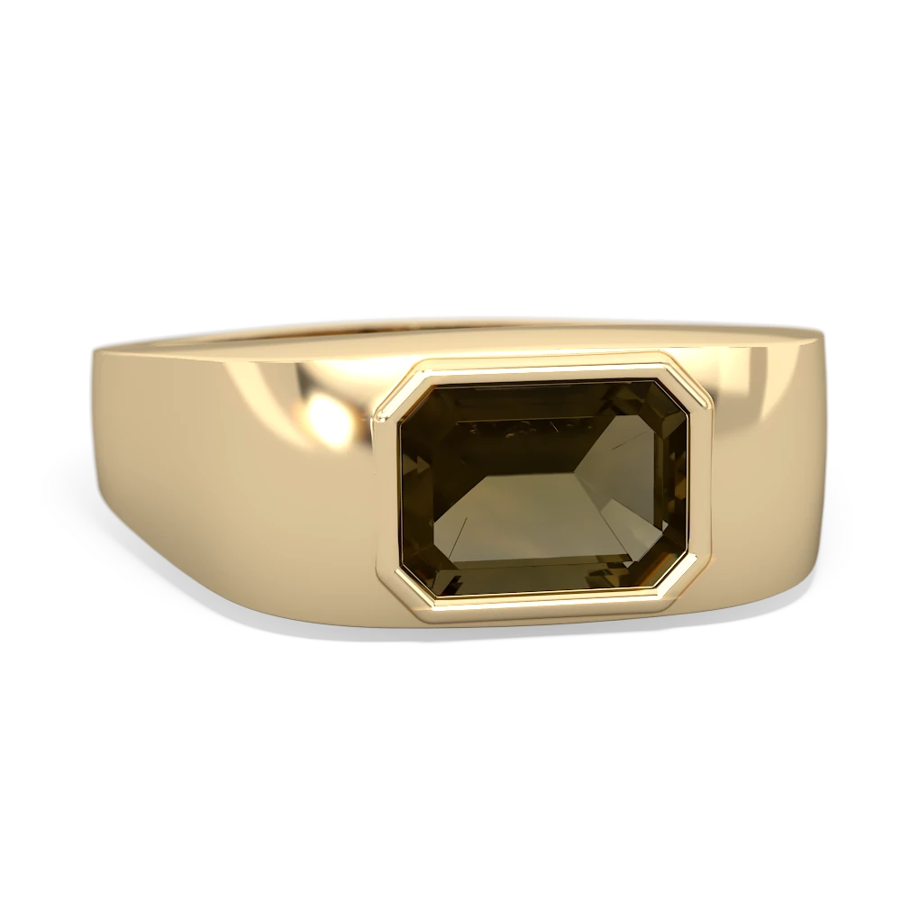 Smoky Quartz Men's Emerald-Cut Bezel 14K Yellow Gold ring R0410