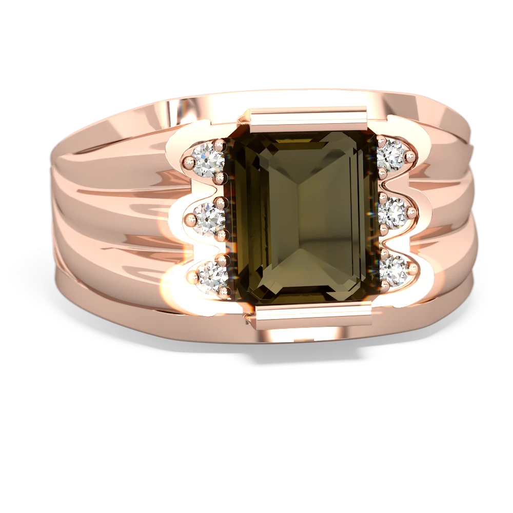 Smoky Quartz Men's 9X7mm Emerald-Cut 14K Rose Gold ring R1835