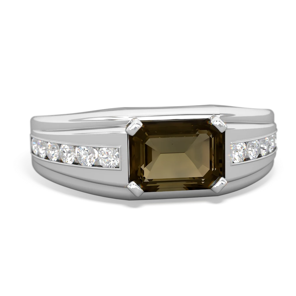 Smoky Quartz Men's Diamond Channel 14K White Gold ring R0500