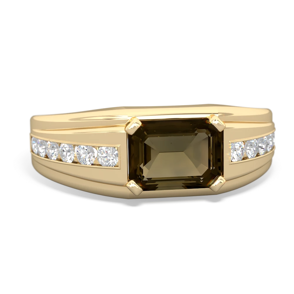 Smoky Quartz Men's Diamond Channel 14K Yellow Gold ring R0500