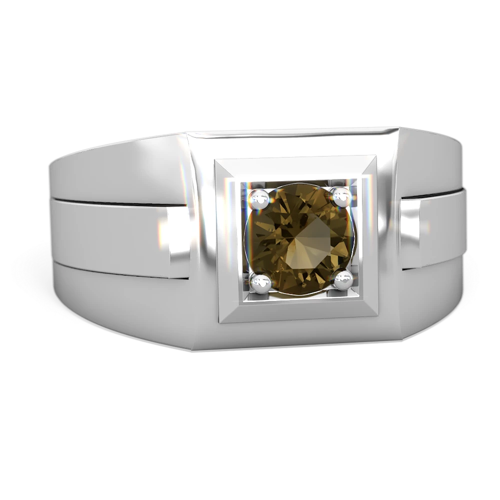 Smoky Quartz Men's Squared Circle 14K White Gold ring R0480