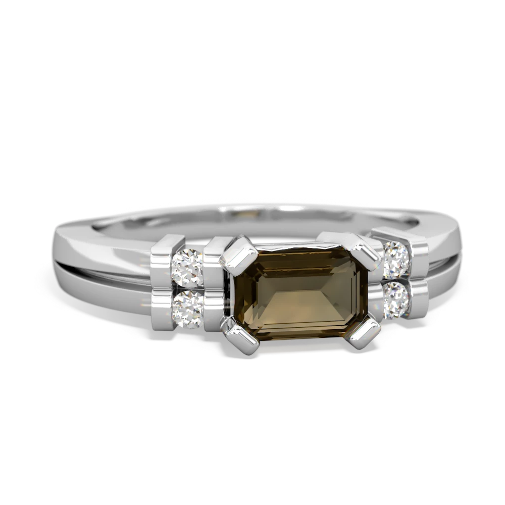 Smoky Quartz Art Deco East-West 14K White Gold ring R2590