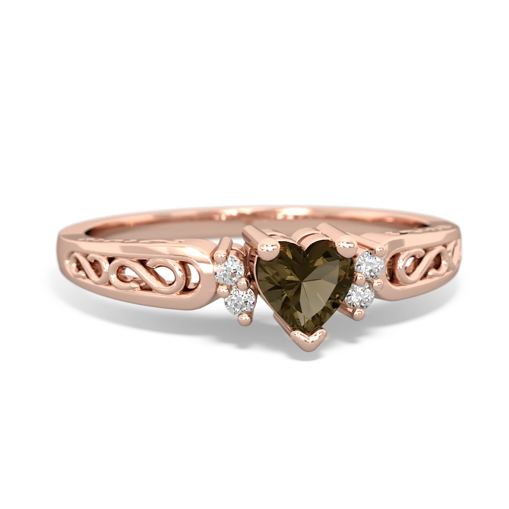 Smoky Quartz Filligree Scroll Heart 14K Rose Gold ring R2429