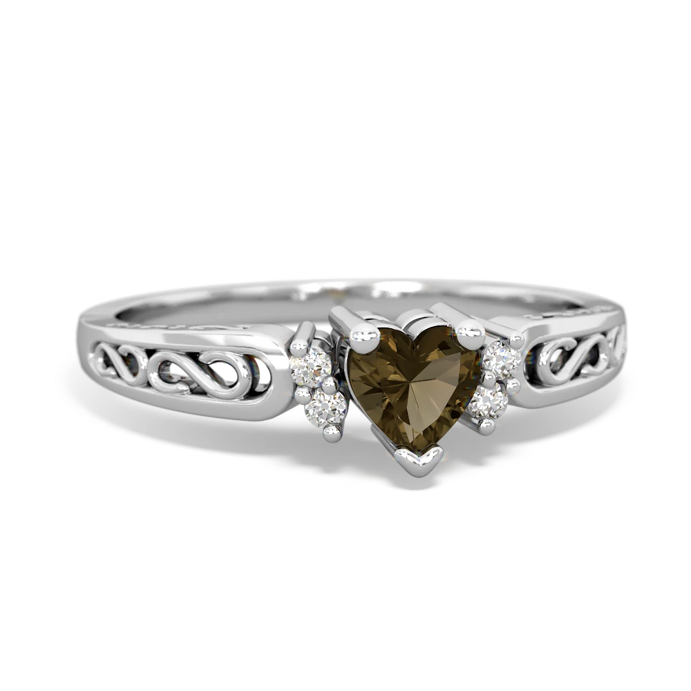 Smoky Quartz Filligree Scroll Heart 14K White Gold ring R2429