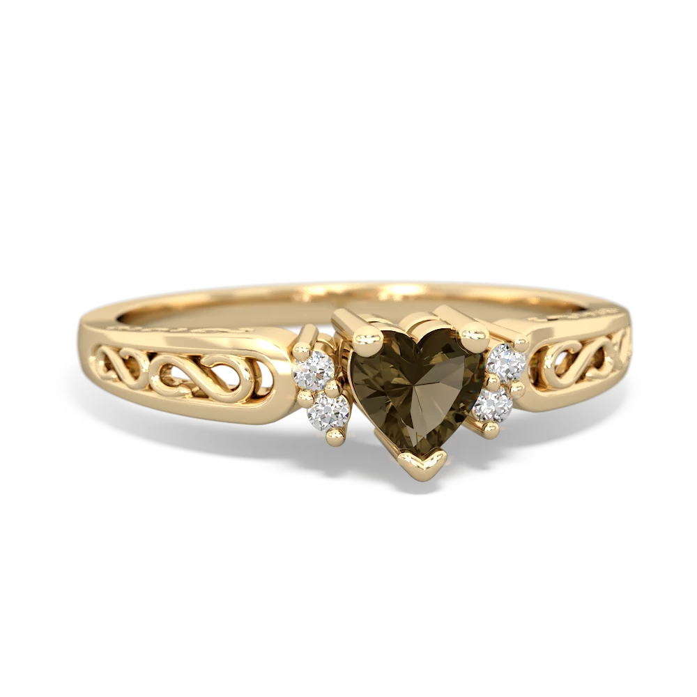 Smoky Quartz Filligree Scroll Heart 14K Yellow Gold ring R2429