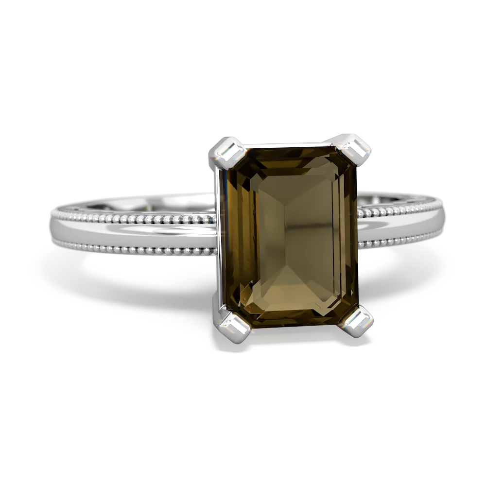 Smoky Quartz Milgrain Scroll 14K White Gold ring R2338