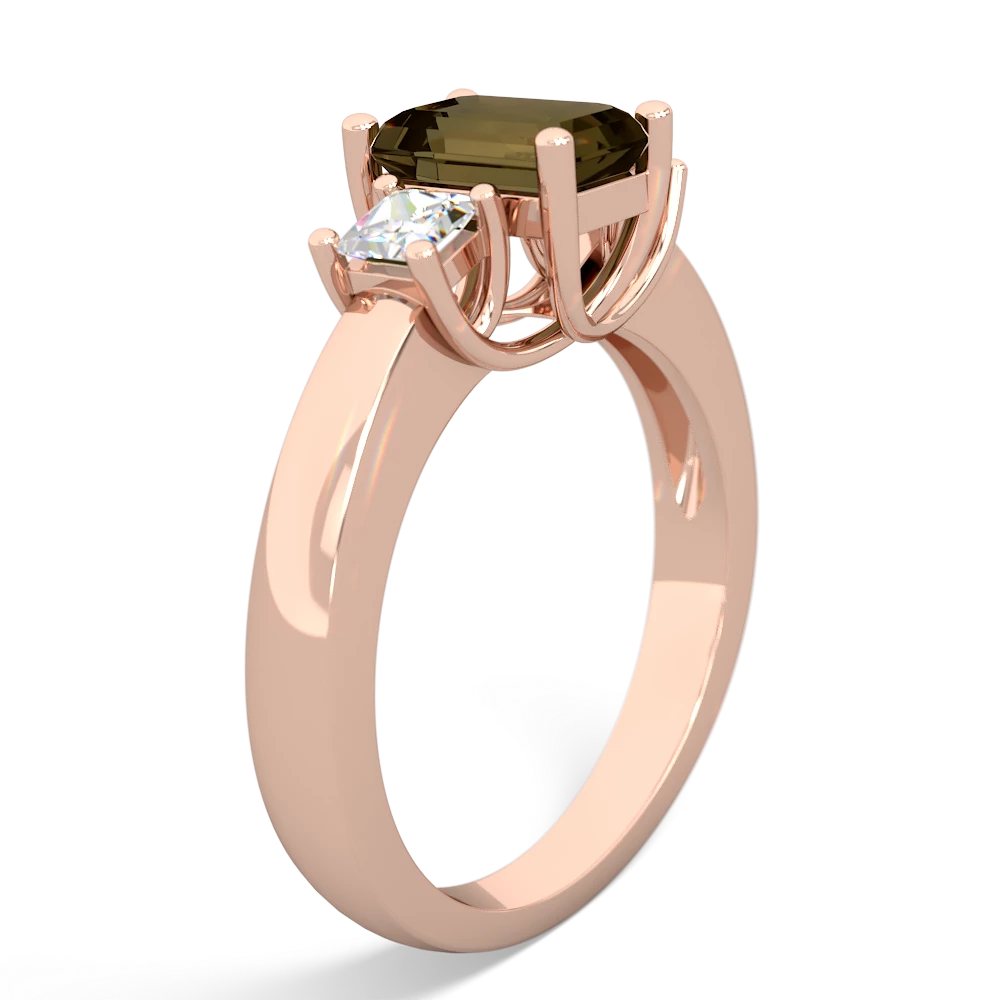 Smoky Quartz Diamond Three Stone Emerald-Cut Trellis 14K Rose Gold ring R4021