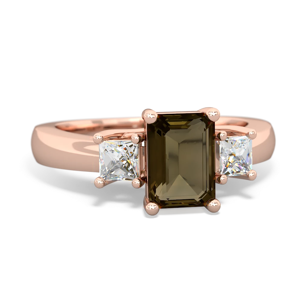 Smoky Quartz Diamond Three Stone Emerald-Cut Trellis 14K Rose Gold ring R4021