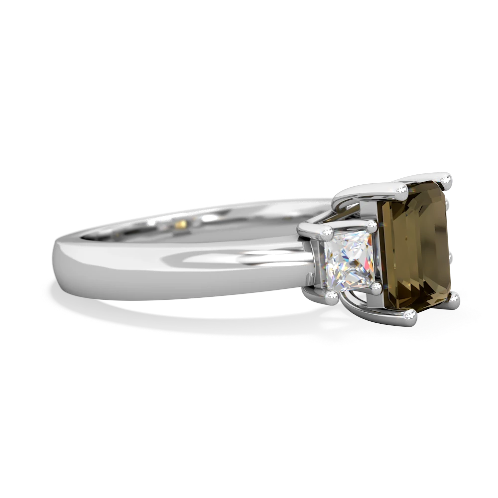 Smoky Quartz Diamond Three Stone Emerald-Cut Trellis 14K White Gold ring R4021