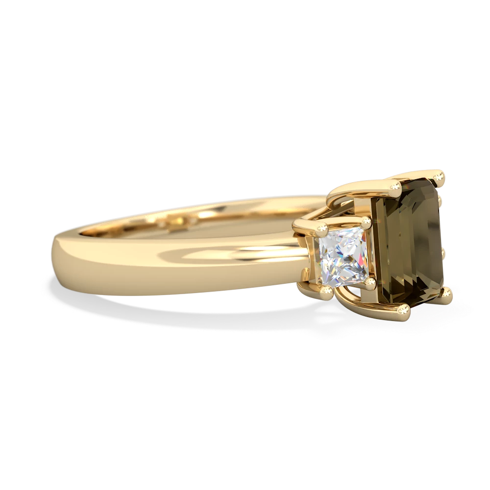 Smoky Quartz Diamond Three Stone Emerald-Cut Trellis 14K Yellow Gold ring R4021