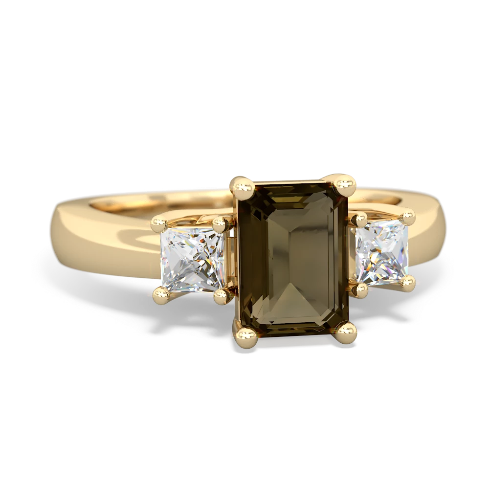 Smoky Quartz Diamond Three Stone Emerald-Cut Trellis 14K Yellow Gold ring R4021